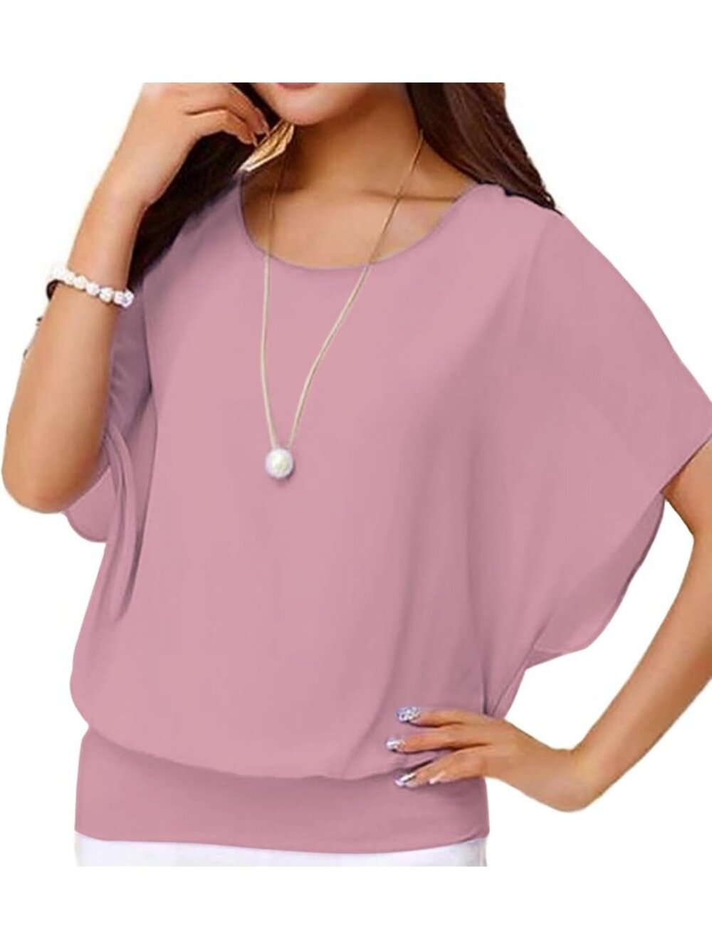 Women's Rose Pink Elegant Loose Casual Short Sleeve Chiffon Top T Shirt Blouses